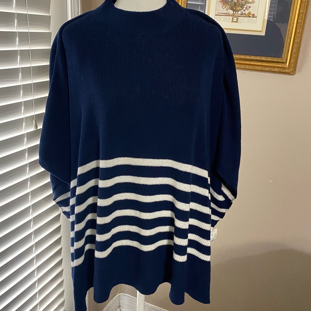 J Crew NWT One Size Navy Blue Breton White Stripe Poncho Sweater MSRP $89.50